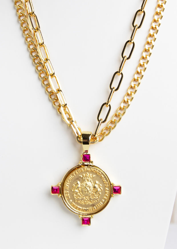 OH SO TRACIE GOLD COIN NECKLACE - MAGENTA