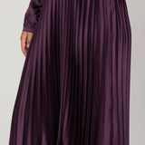 ELEGANT MOMENTS PLUM SATIN PLEATED DRESS