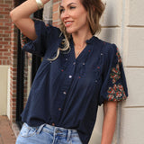 CASUAL DATE NAVY PUFF SLEEVE BLOUSE