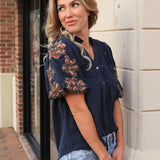 CASUAL DATE NAVY PUFF SLEEVE BLOUSE