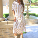 ONLINE EXCLUSIVE: SWEET AND GENTLE COTTON MIDI DRESS - BROWN STRIPE