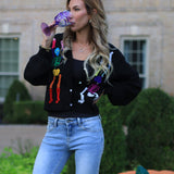QUEEN OF SPARKLES: BLACK RAINBOW SKELETON CARDIGAN SWEATER