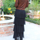 ALL THE FRILLS TIERED MESH SKIRT - BLACK, BROWN OR IVORY