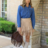 FALL VIBES FAUX SUEDE FRINGE SKIRT - BROWN OR BEIGE