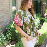 GARDEN SERENADE EMBROIDERED SLEEVE FLORAL BLOUSE