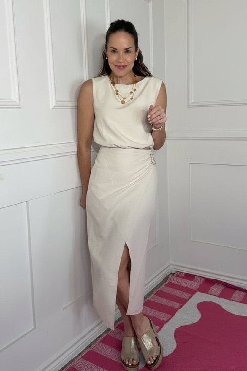 white dress with gold heels ROOFTOP VIEWS SLEEVELESS BUBBLE HEM TOP IVORY / SMALL