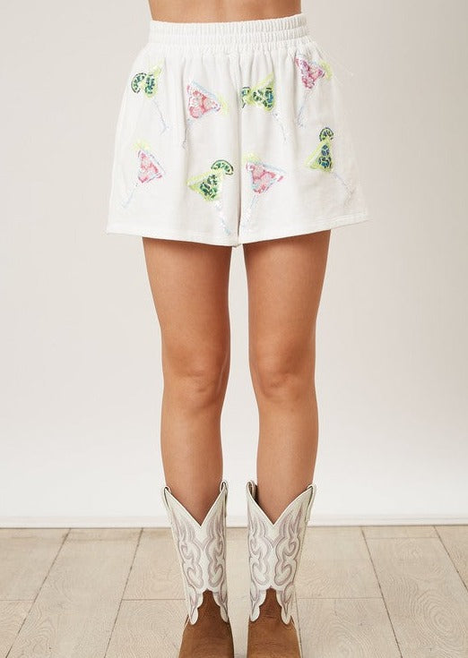 MARTINI SEQUIN EMBROIDERY WHITE TERRY SHORTS