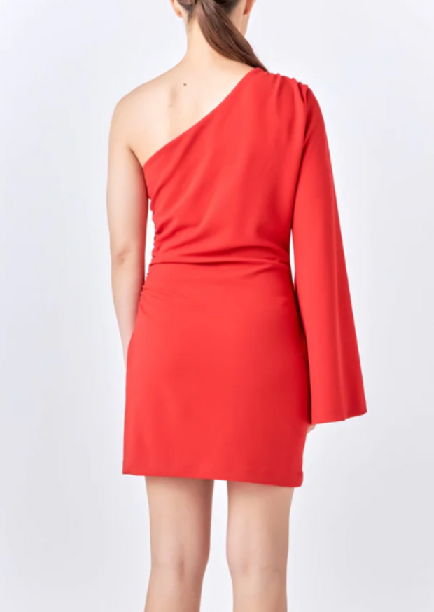 LOVE ME TONIGHT ONE SHOULDER DRAPED RED DRESS