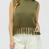 CAFE SOCIAL OLIVE GREEN FRINGE SWEATER