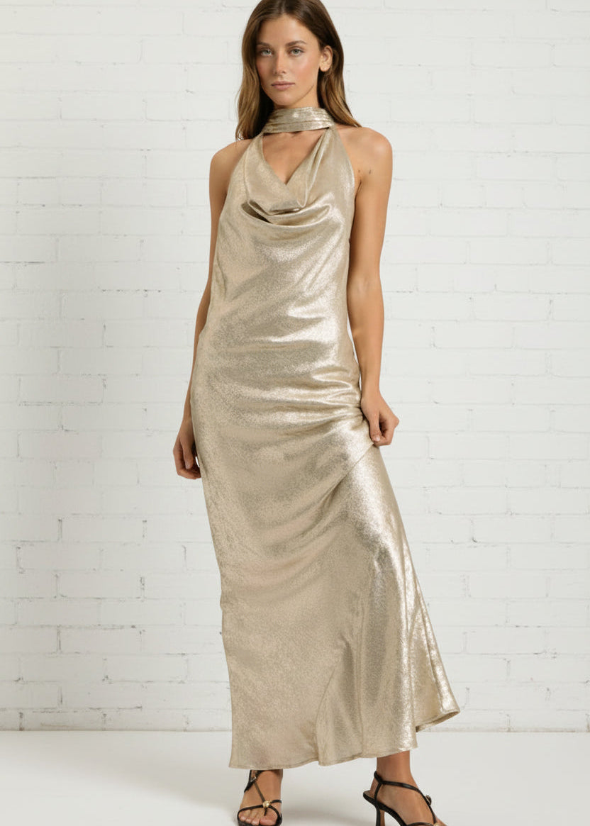 SIP & SPARKLES HALTER COWL NECK MAXI DRESS CHAMPAGNE / MEDIUM