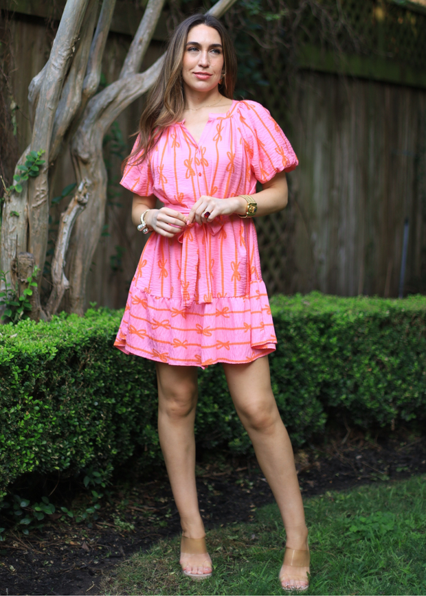 TIE A BOW ON IT PINK BUBBLE SLEEVE DRESS