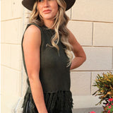 CAFE SOCIAL OLIVE GREEN FRINGE SWEATER