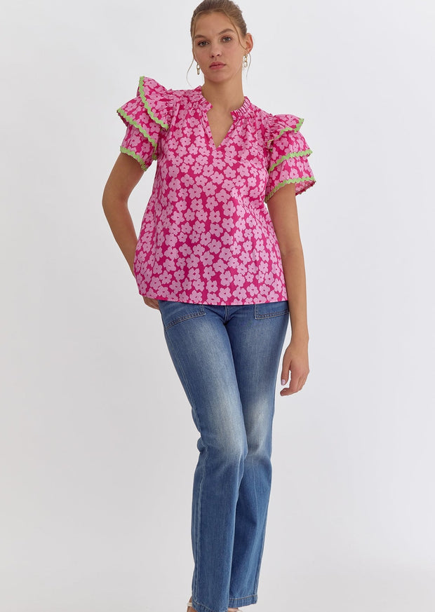 BLOOM TO BE PINK RUFFLE SLEEVE TOP
