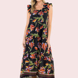 HARVEST STROLL BLACK FLORAL MIDI DRESS