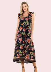 HARVEST STROLL BLACK FLORAL MIDI DRESS