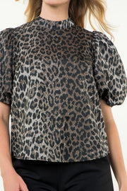 FIERCELY YOURS GREY LEOPARD PUFF SLEEVE TOP