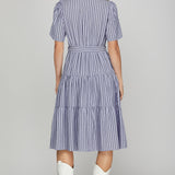 POINT THE WAY BLUE PINSTRIPE TIERED MIDI DRESS