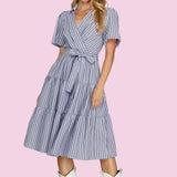 POINT THE WAY BLUE PINSTRIPE TIERED MIDI DRESS