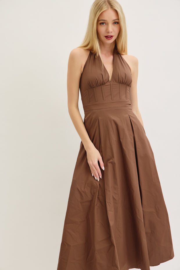 MY DEBUT RICH BROWN HALTER MIDI DRESS