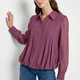 TABLE FOR TWO TEXTURED BUTTON FRONT BLOUSE - PLUM OR OFF-WHITE