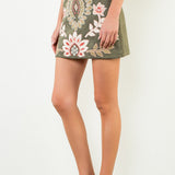 WHERE THE FLOWERS ARE SUEDE EMBROIDERED OLIVE SKIRT