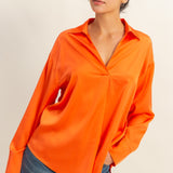 STUNNING VIBES LONG SLEEVE SILKY BLOUSE - RED OR ORANGE