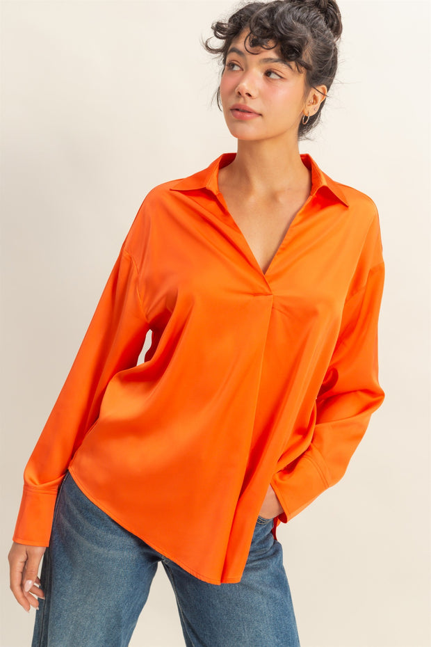 STUNNING VIBES LONG SLEEVE SILKY BLOUSE - RED OR ORANGE