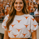 LONGHORNS FOR THE WIN SEQUIN WHITE CROP TOP