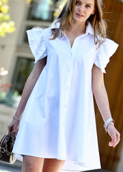 PICNIC DAY COTTON RUFFLE SLEEVE BUTTON DOWN MINI DRESS - WHITE OR MOCHA