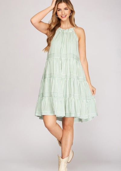 SIMPLE MOMENTS GREEN STRIPED A LINE DRESS