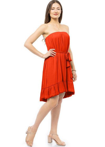 STRAPLESS HIGH LOW RUFFLE SATIN MINI DRESS
