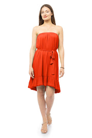 STRAPLESS HIGH LOW RUFFLE SATIN MINI DRESS