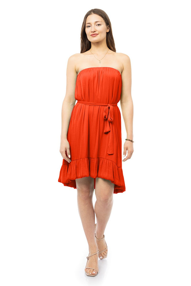 STRAPLESS HIGH LOW RUFFLE SATIN MINI DRESS