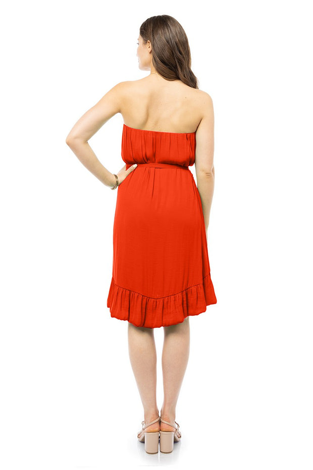 STRAPLESS HIGH LOW RUFFLE SATIN MINI DRESS