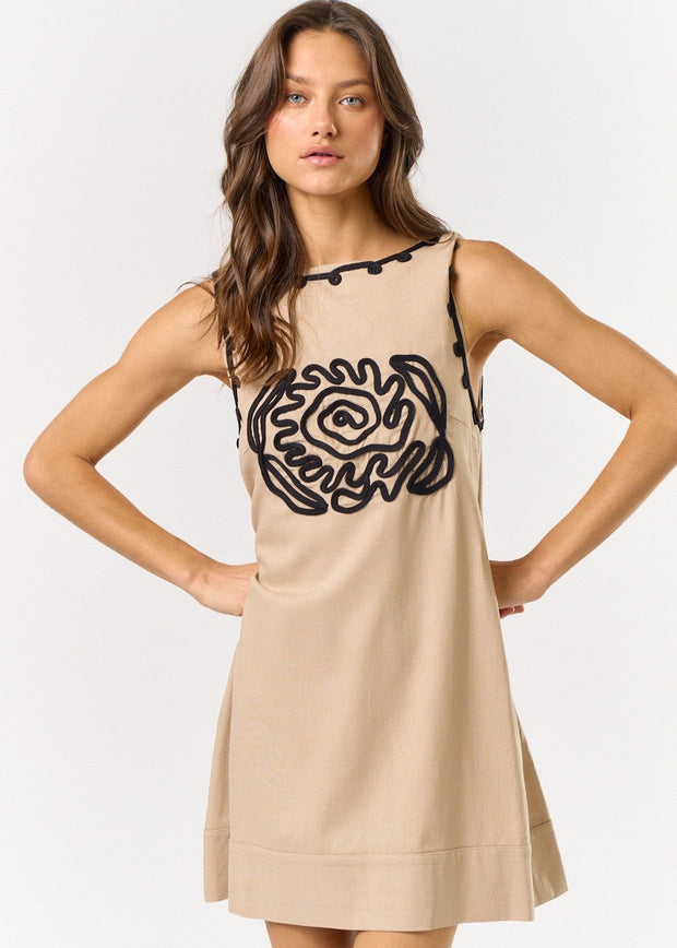 WALK IN PARADISE EMBROIDERED TAUPE DRESS