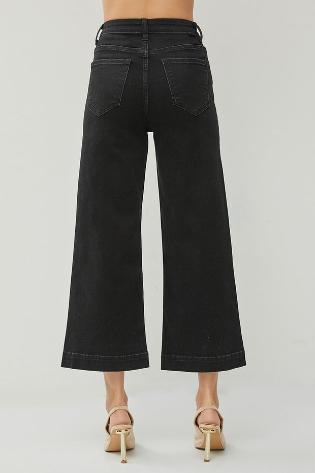 RISEN BLACK HIGH RISE WIDE LEG ANKLE JEANS