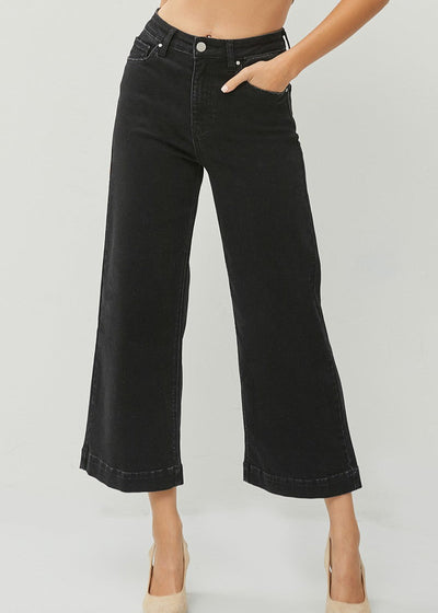 RISEN BLACK HIGH RISE WIDE LEG ANKLE JEANS