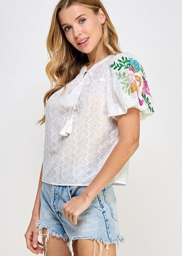 ROAD TO SPRING EYELET FLORAL EMBROIDERED TOP