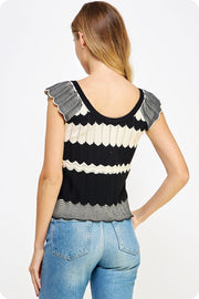 NO WAY OUT SCALLOP POINTELLE BLACK & CREAM TOP