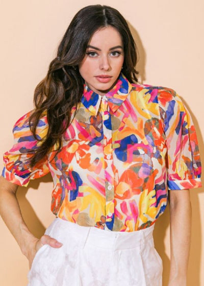 GARDEN GLAM BUTTON DOWN PRINT BLOUSE