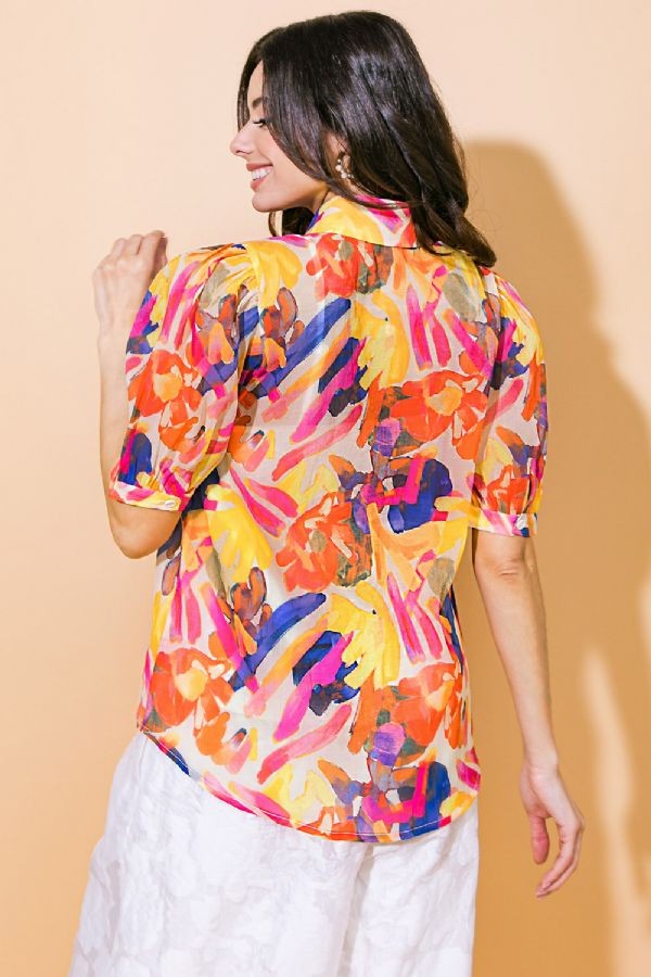 GARDEN GLAM BUTTON DOWN PRINT BLOUSE