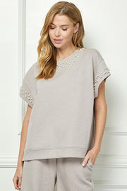 STYLE & GRACE PEARL EMBELLISHED TOP - TAUPE