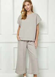 STYLE & GRACE PEARL EMBELLISHED TOP - TAUPE