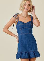 RIVERSIDE DREAMS DENIM RUFFLE MINI DRESS