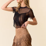 COUNTRYSIDE MEADOW TIERED FRINGE MINI SKIRT - BLACK OR KHAKI