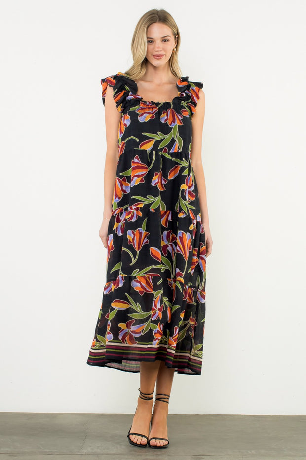 HARVEST STROLL BLACK FLORAL MIDI DRESS