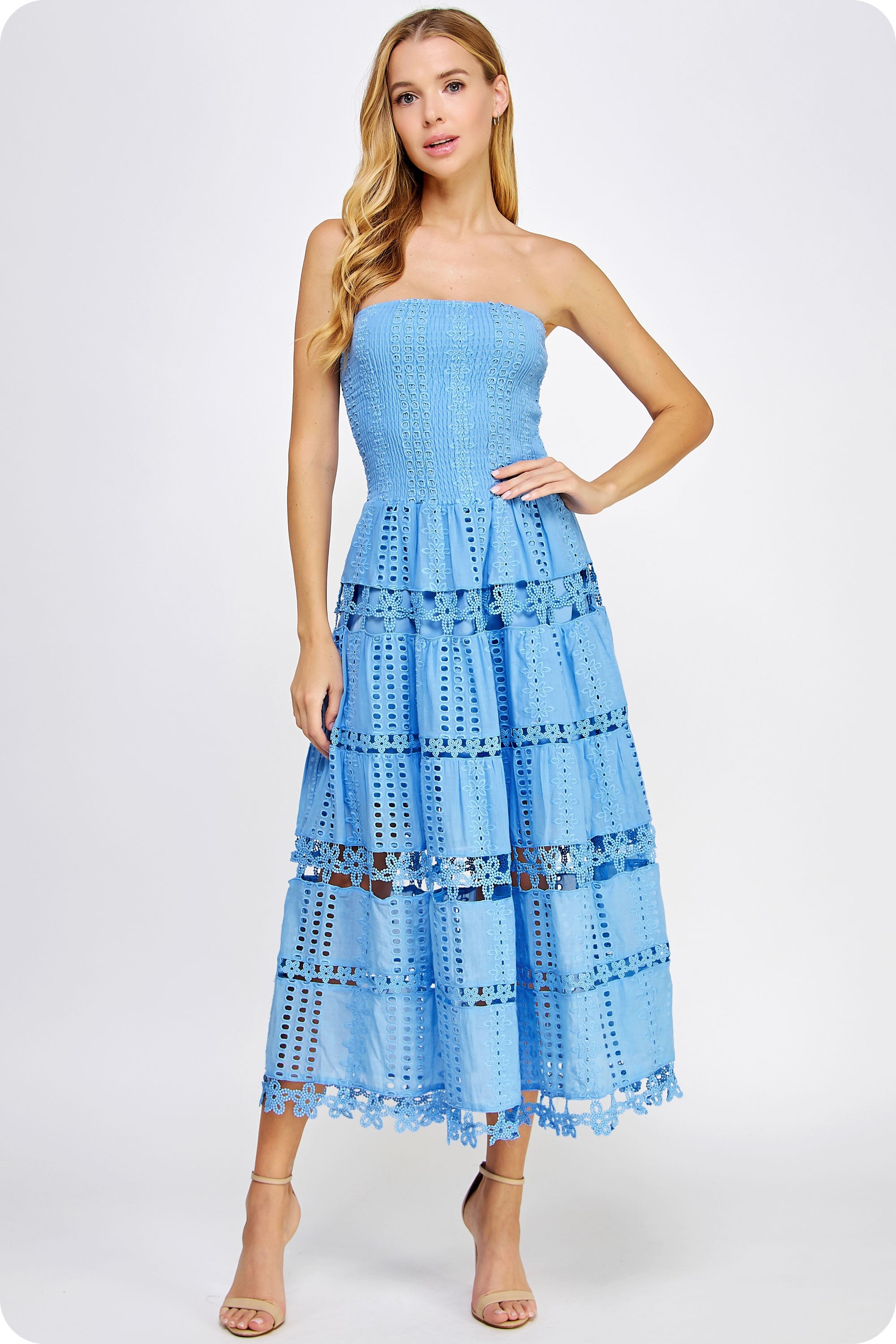 ONLINE EXCLUSIVE:  HEAT WAVE EYELET STRAPLESS TUBE DRESS - MULTIPLE COLORS