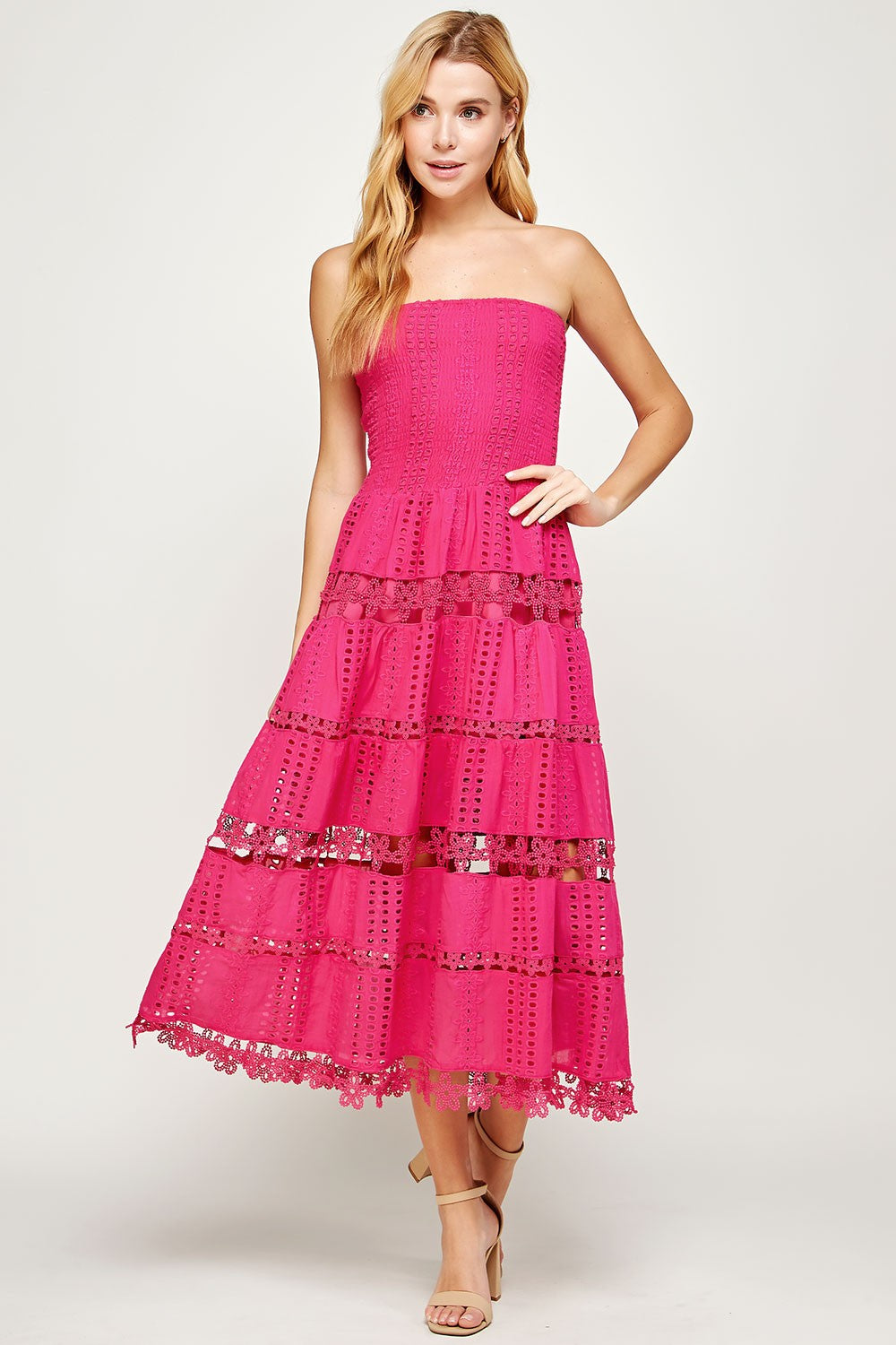 ONLINE EXCLUSIVE:  HEAT WAVE EYELET STRAPLESS TUBE DRESS - MULTIPLE COLORS