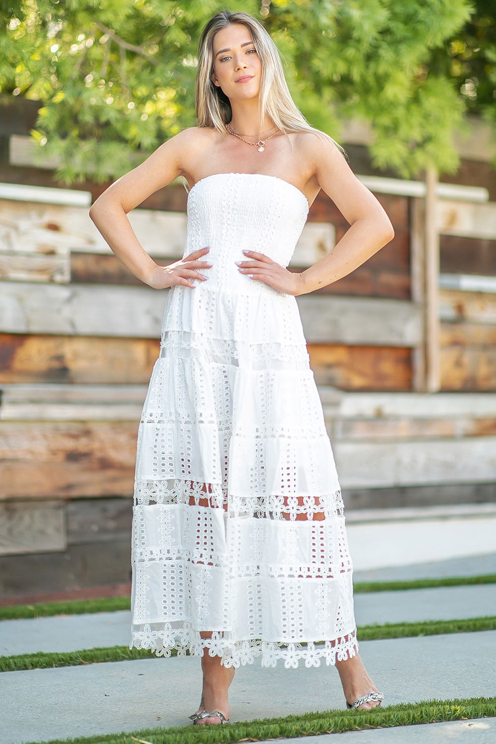 ONLINE EXCLUSIVE:  HEAT WAVE EYELET STRAPLESS TUBE DRESS - MULTIPLE COLORS