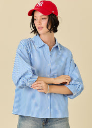 STRIPE THE WAY BUTTON DOWN PUFF SLEEVE SHIRT